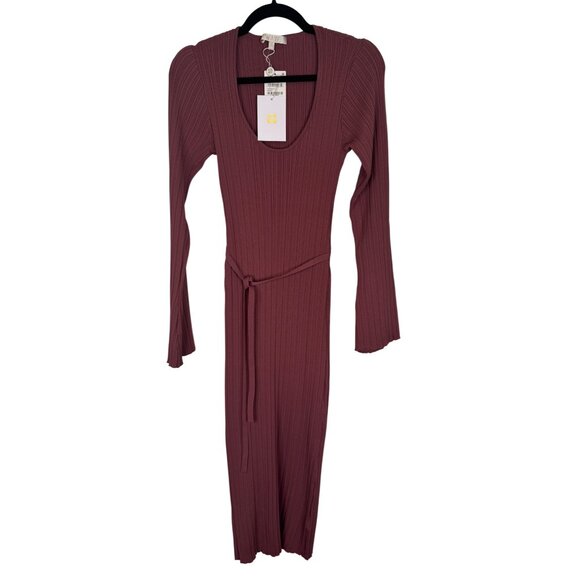 2/$30 NWT WAYF M Ribbed Knit Midi Bodycon Dress Tie Waist Deep Mauve - Picture 5 of 14